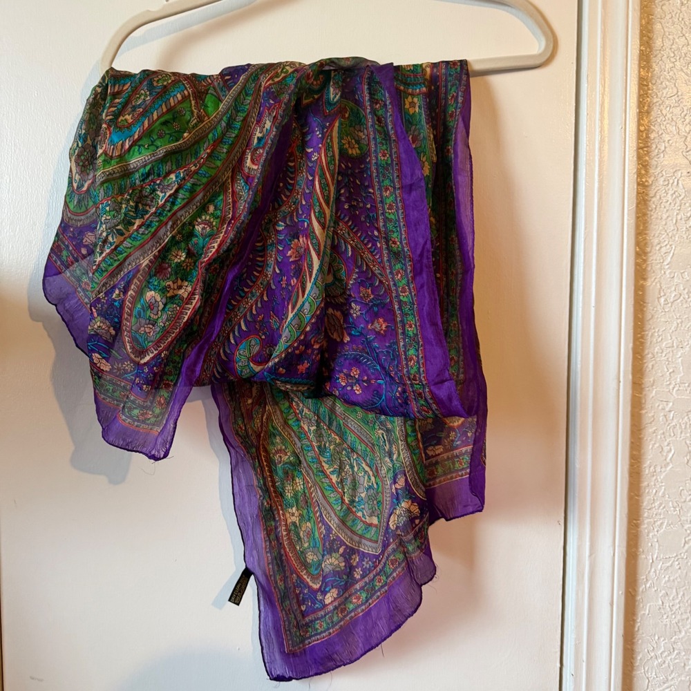 100% Pure Silk Paisley Floral Scarf Purple Green Made in India Jewel Tone Boho
